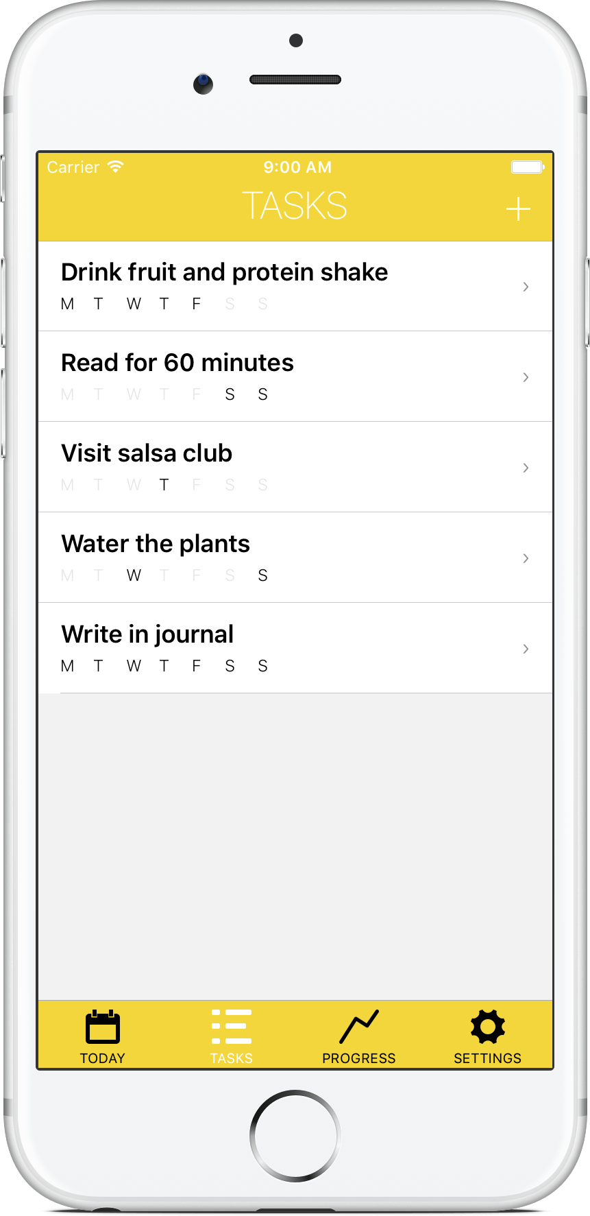 iPhone showing a list of tasks and which days they are assigned to.
